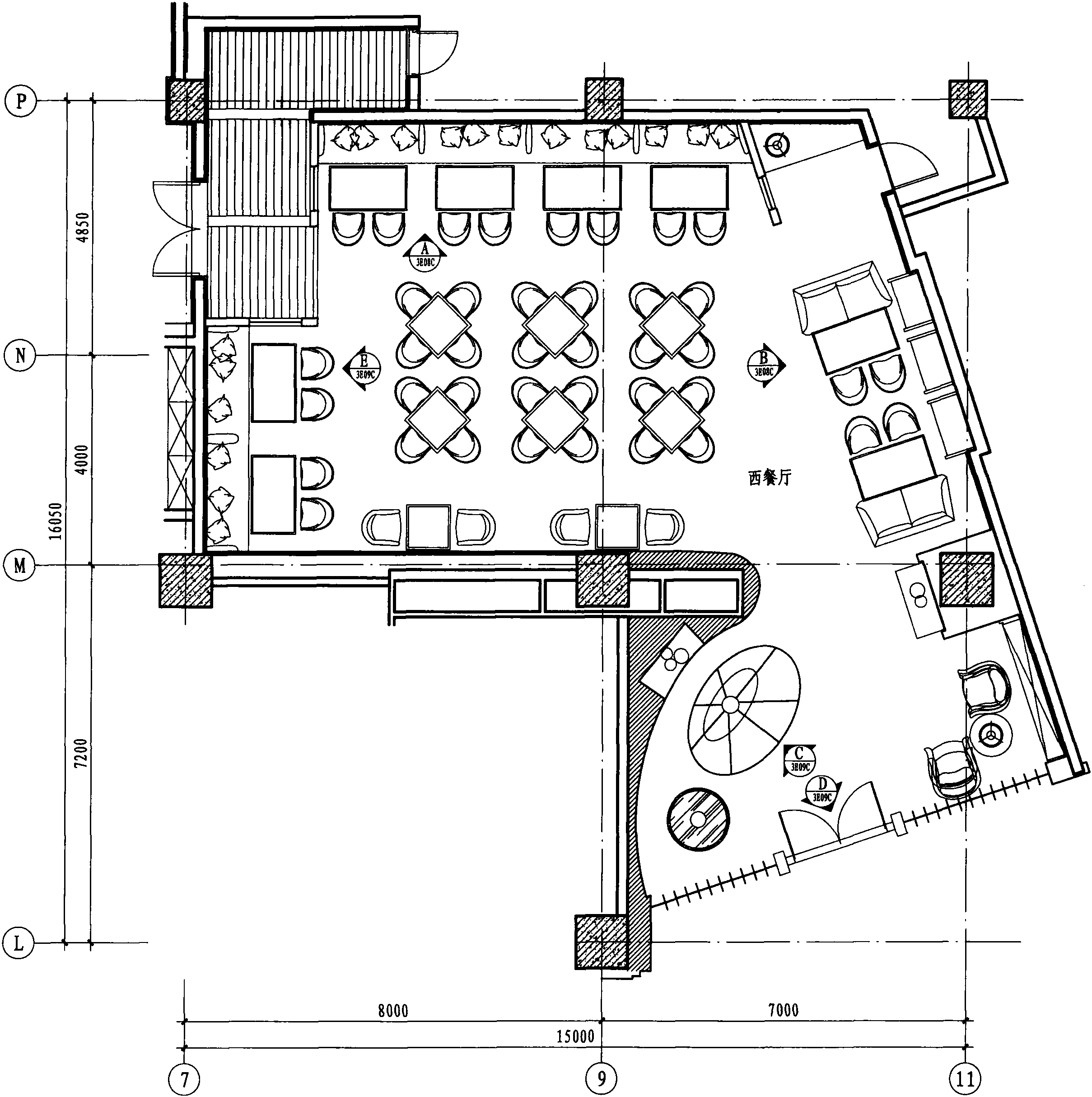 三层西餐厅平面布置图 1:100